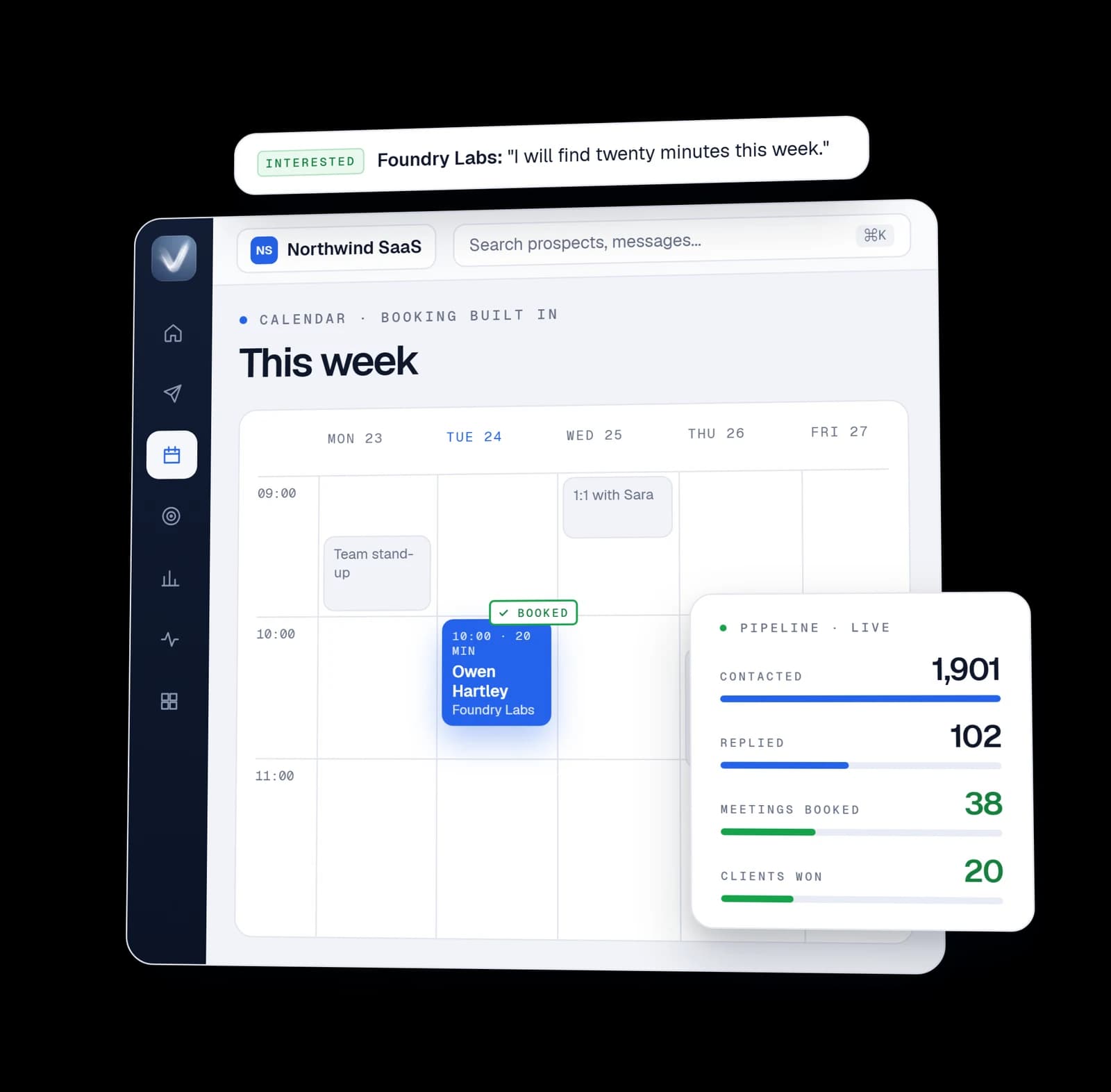 The Veyra calendar with a meeting booked on Tuesday at 10:00 after an interested reply, beside the live pipeline from 1,901 contacted to 20 clients won