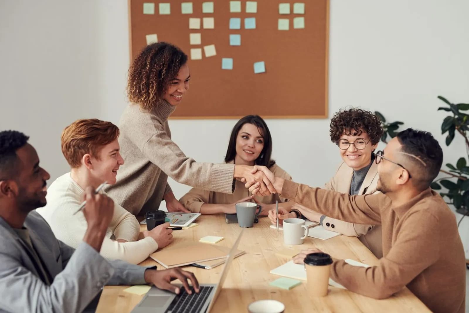 A team around a table closing a deal with a handshake