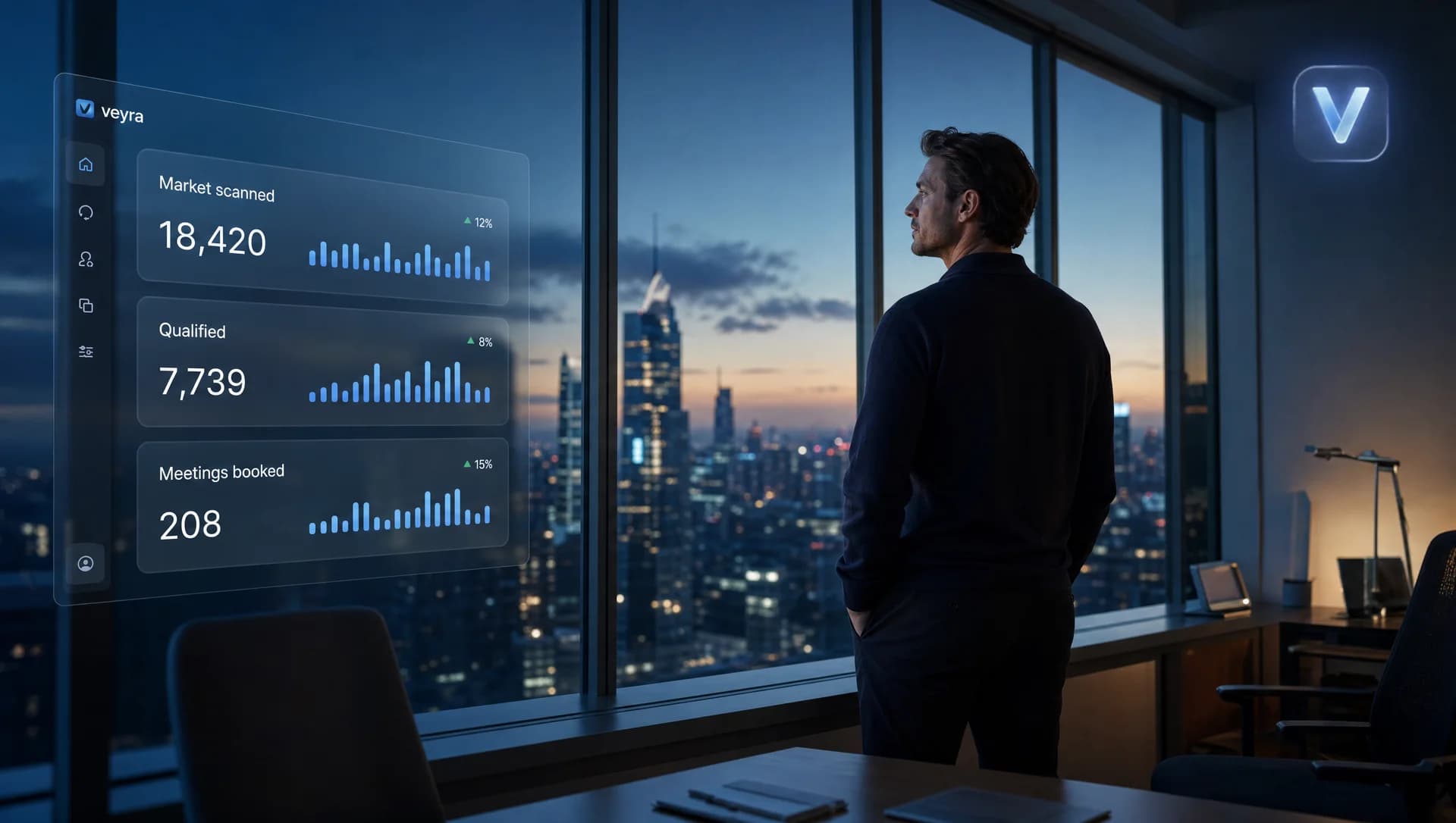 An operator watching the city at dusk while the Veyra dashboard tracks market scans, qualified leads and booked meetings