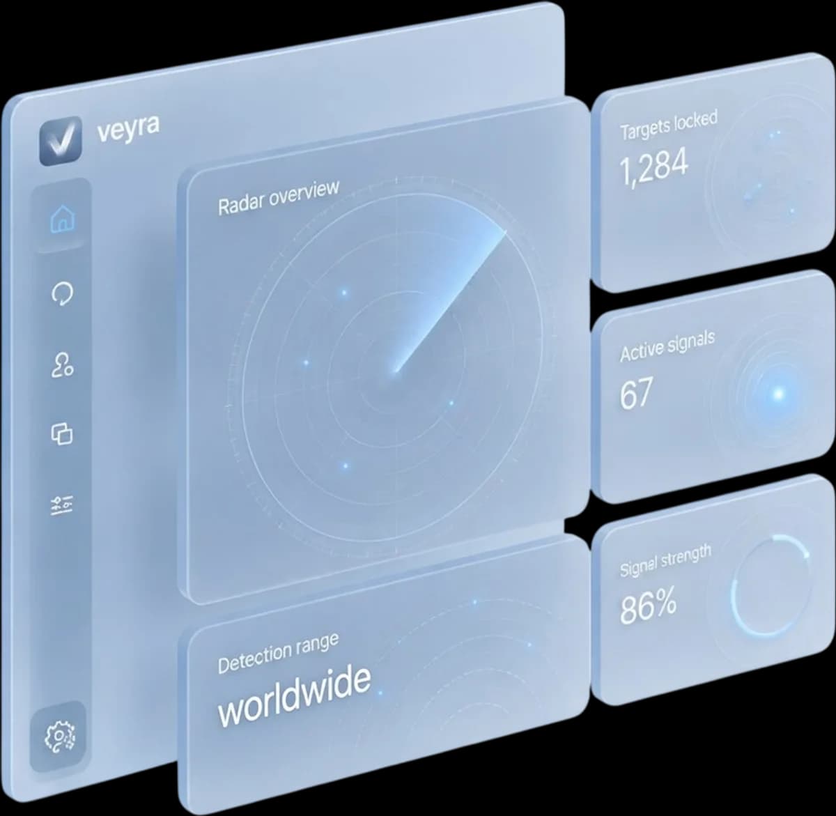 Product illustration of the Veyra radar view: a sweep turning over plotted buyers, beside sample cards for targets locked, active signals, signal strength and worldwide detection range