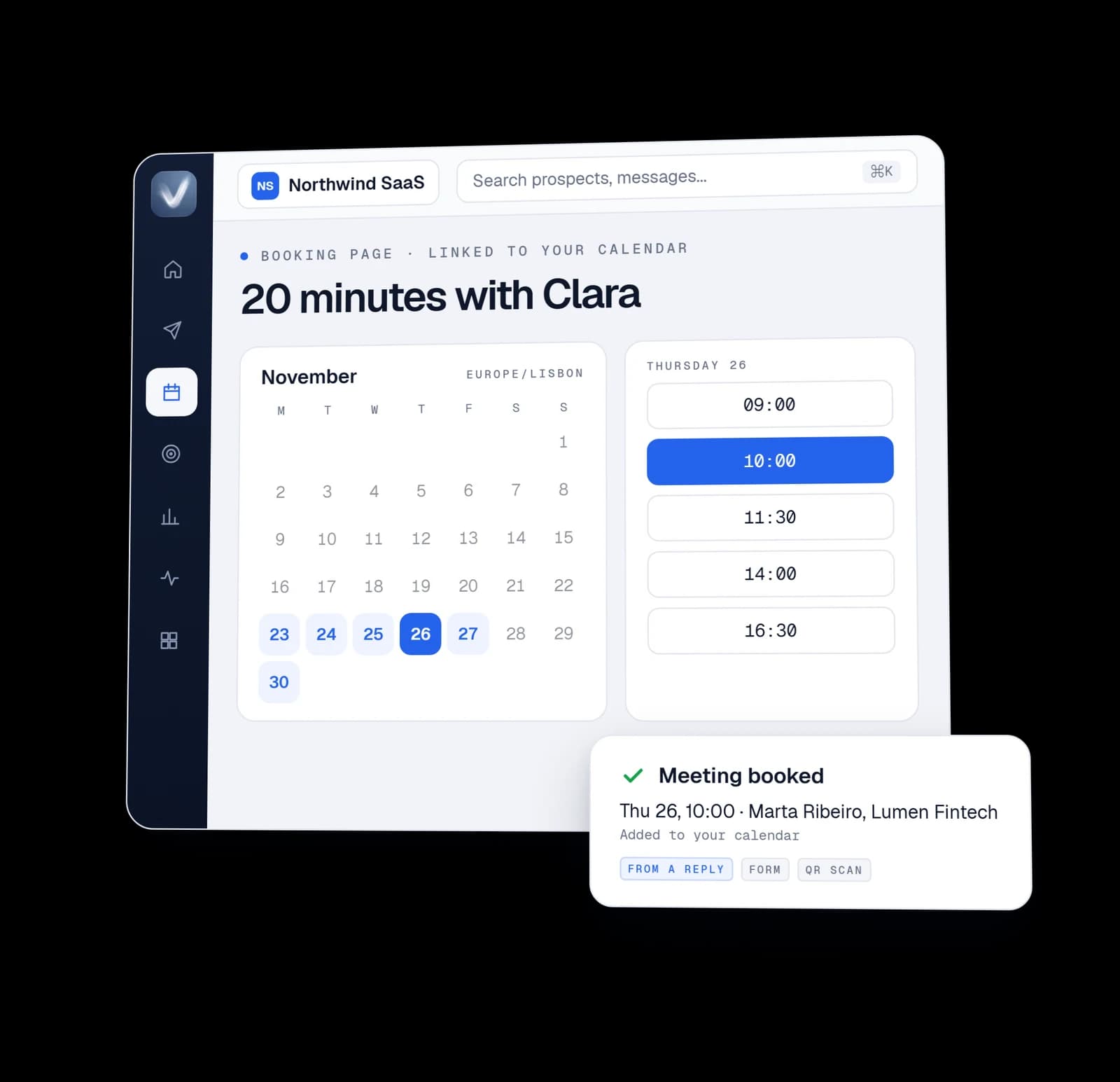 A Veyra booking page for 20 minutes with Clara: the November calendar, Thursday 26 at 10:00 picked, and the meeting booked with Marta Ribeiro of Lumen Fintech