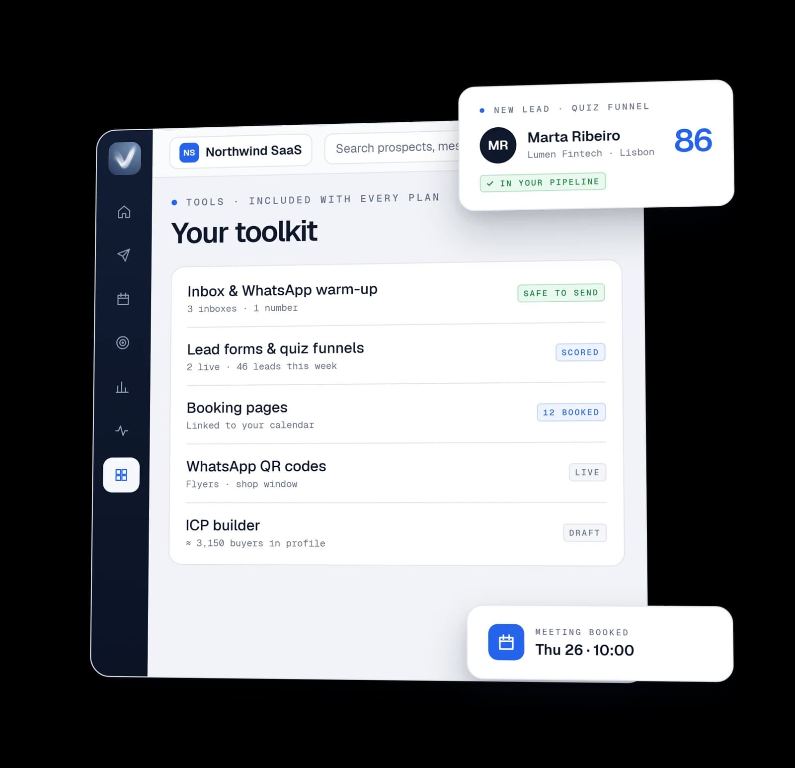 The Veyra toolkit: warm-up, lead forms, booking pages, WhatsApp QR codes and the ICP builder, with a quiz lead scored 86 and a meeting booked for Thursday at 10:00